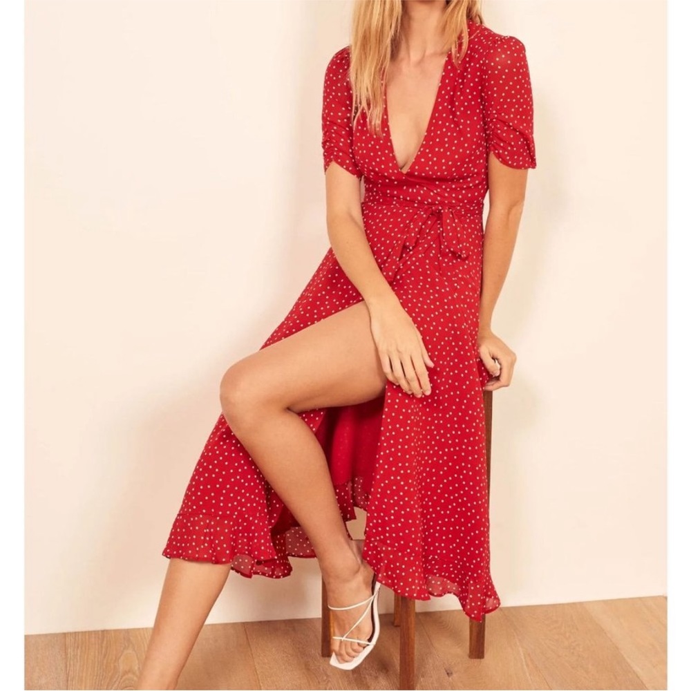 Reformation Napa Wrap Midi Dress in Ditty Red Polka Dots